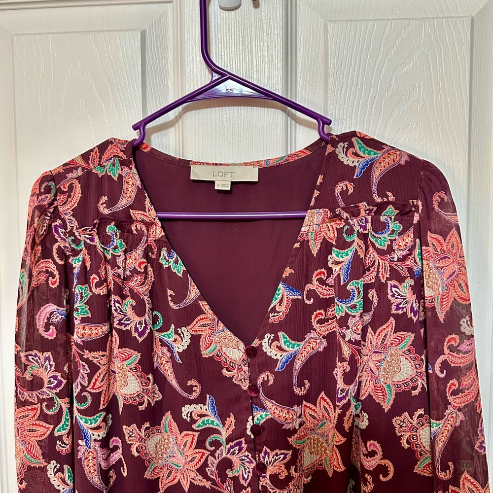 LOFT Burgundy Floral Paisley Blouse Size Medium - Picture 3 of 4